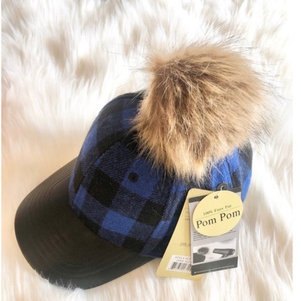 Angela & William Blue Black Plaid Fur Pom Pom Plaid Dad Wool Hat NWT